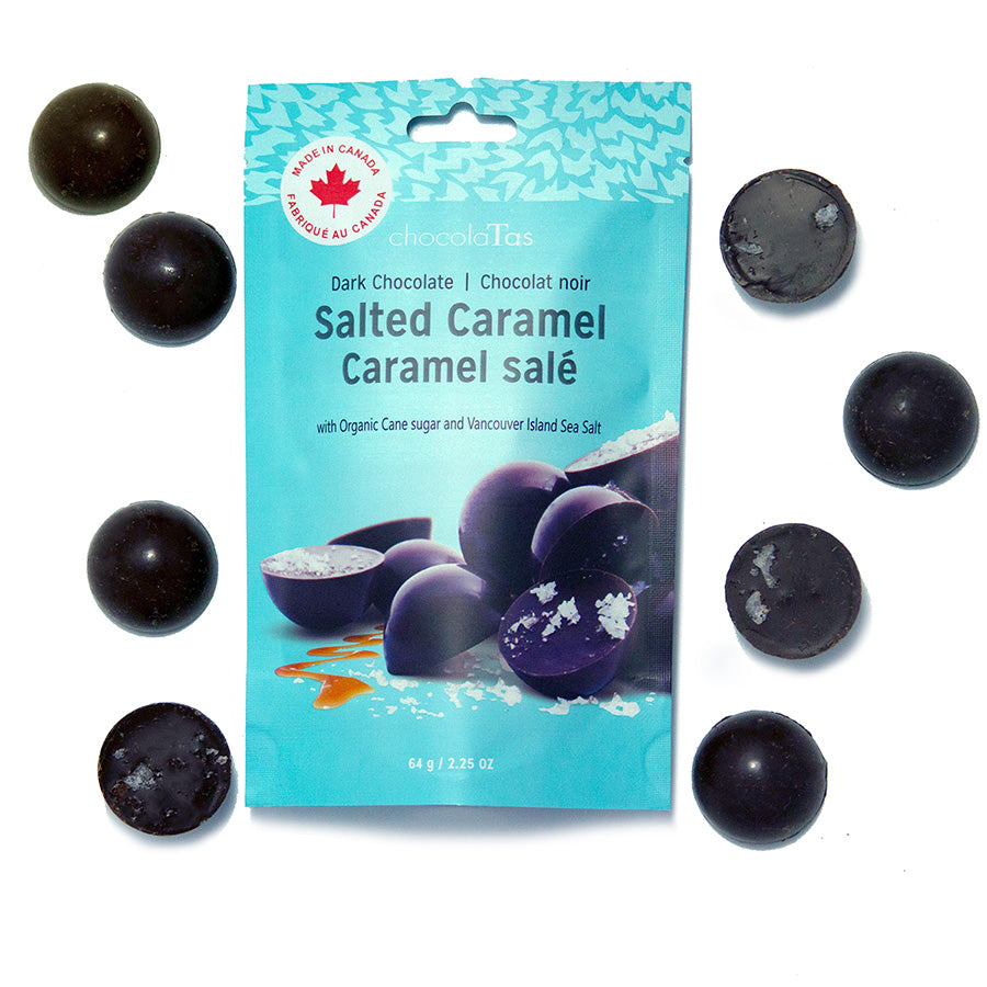 Salted Caramels - 70% Dark Chocolate, made with organic cane sugar and Vancouver Island Sea Salt - 8 pieces